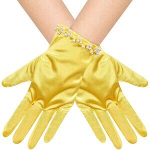 Women's Yellow Satin Pearl Short Length Wrist Gloves Wedding Banquet Party Prom